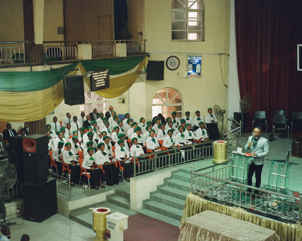 Reverend O.T. Benson and the mass choir at Qua Iboe Church, Ewet Offot